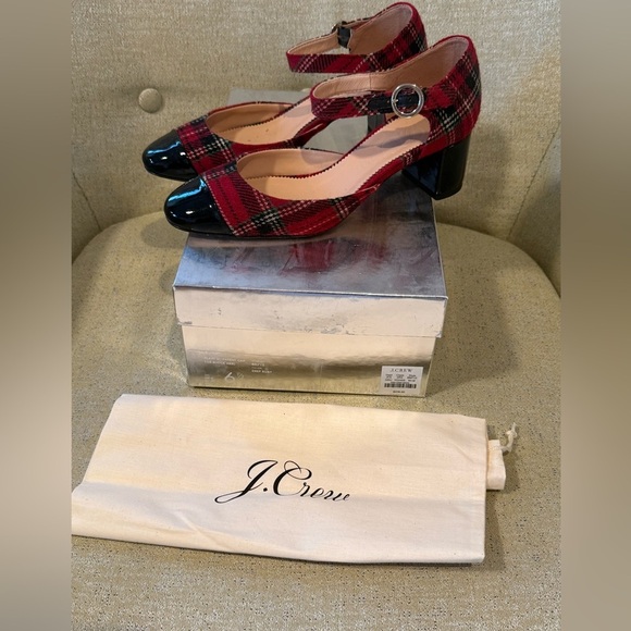 J.Crew Millie Deep Ruby Plaid Patent Toe Ankle Strap Block Heels Pumps Size 6.5 - Picture 1 of 5